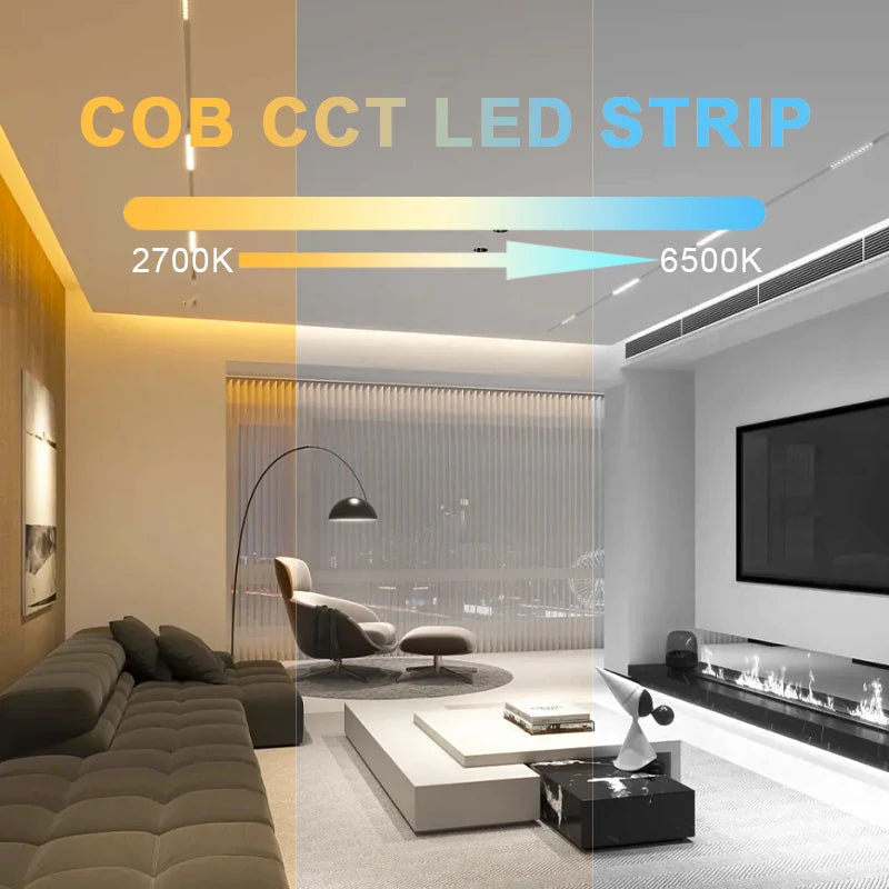 COB CCT LED Strip Lights 608 Leds/M High Density Flexible Dimmable FOB Led Tape 2700K to 6500K Changeable Lighting DC12V 24V
